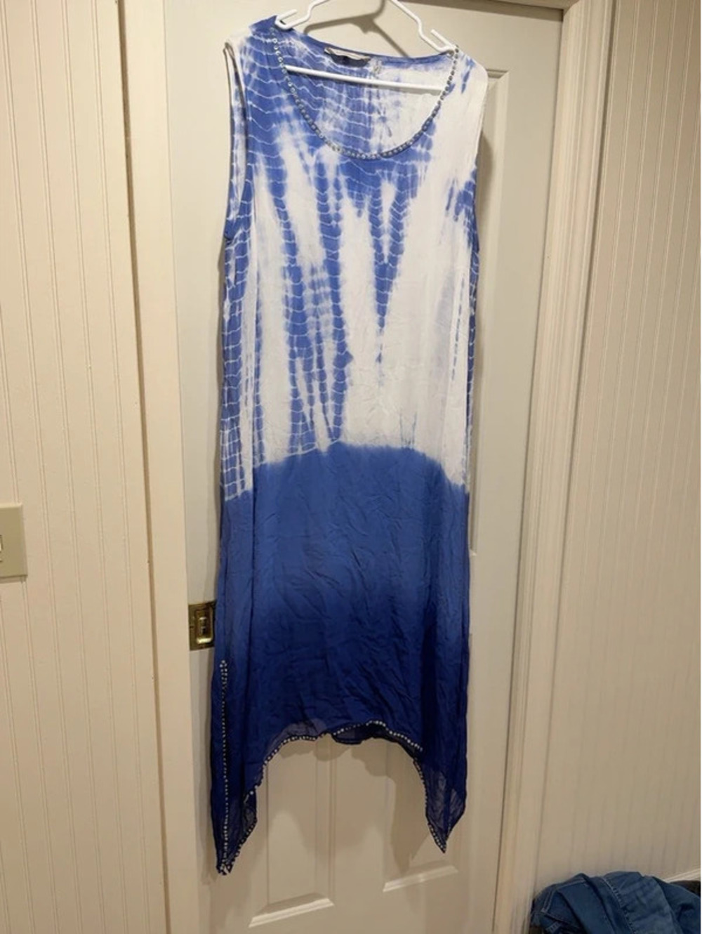 NWT Soft Surroundings Blue White Tie Dye Embellished Maxi Dress 1X Sharkbite Hem